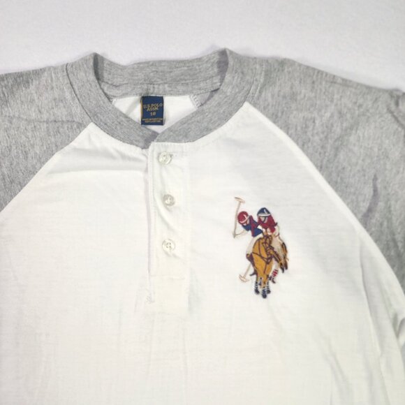 US Polo Assn. Boys Henley sz 18 White with Grey Long Sleeve 2 Player Emblem - Picture 2 of 11